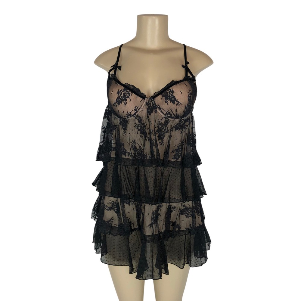 In Bloom by Jonquil Black Lace Tiered Babydoll Chemise Nightgown Lingerie Size L